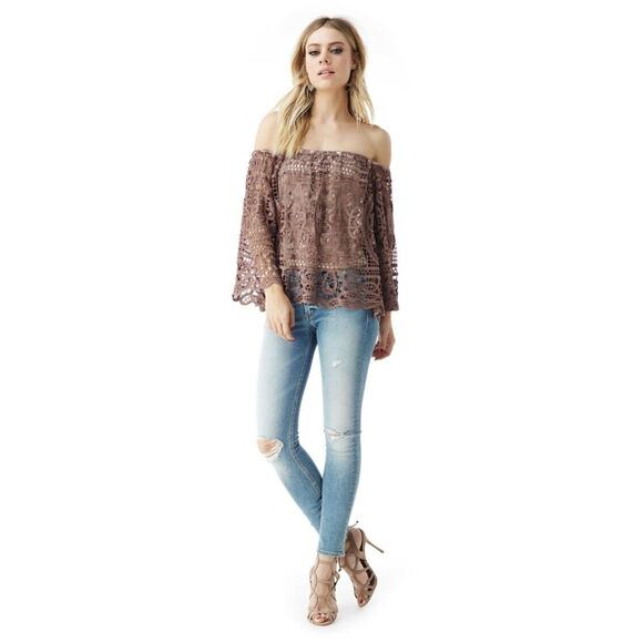 Sky Clothing Brand NWT S Off Shoulder Lace Floral Embroidered Taupe Brown Nude - Picture 2 of 7